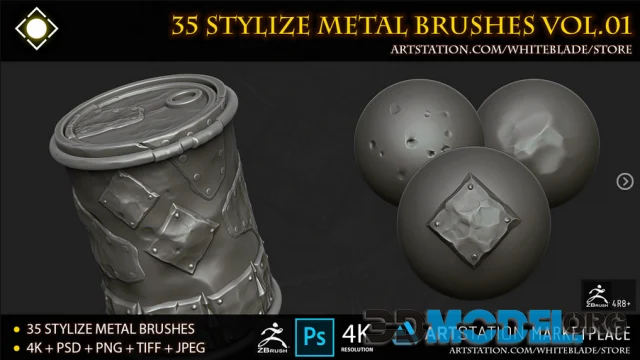 35 Stylize Metal Brushes and 4K Alphas Vol.01 - ZBrush 4R8+