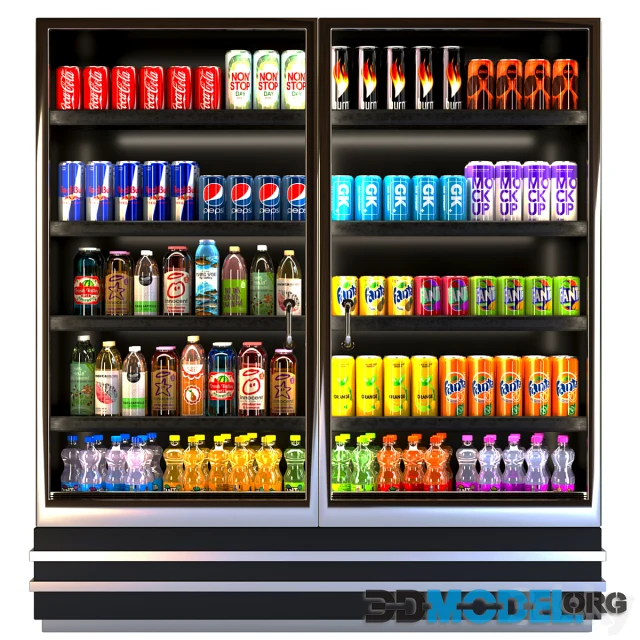 Showcase in a supermarket with lemonades, juices and energy drinks 8