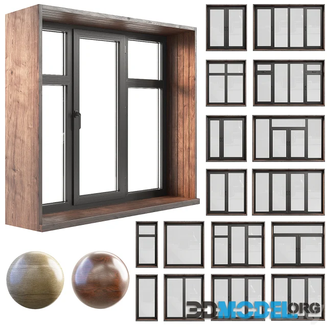 A set of plastic windows with wooden trim