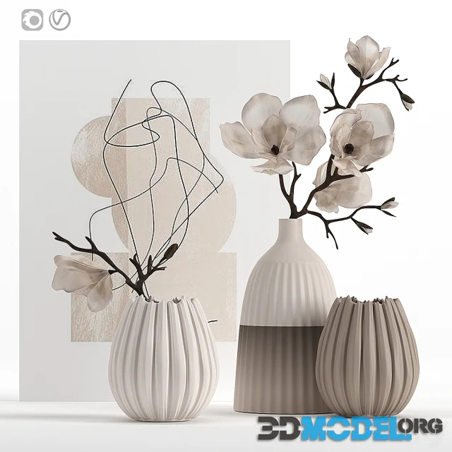 Decorative set of vases with magnolia