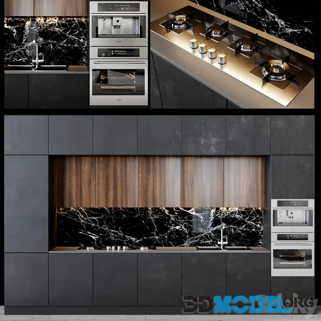 Kitchen modern black and wood with Fulgor Milano appliance