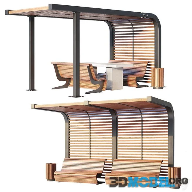 Benches with pergola and urn