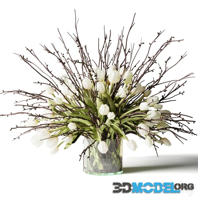 Bouquet of white tulips and branches in a glass vase