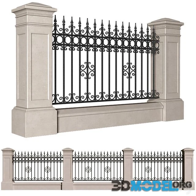 3D Model – Fence in classic style with wrought iron railing.Entrance to ...