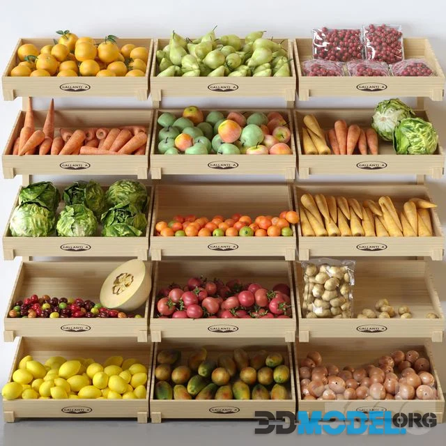 Showcase with fruits and vegetables at the market in boxes
