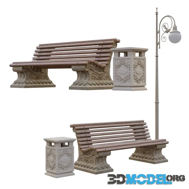 Urban environment bench pillar urn lamp post