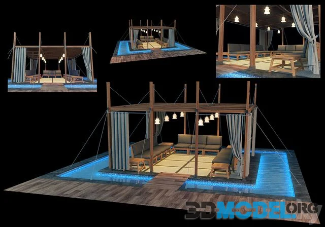 Wooden Gazebo with pool and curtains