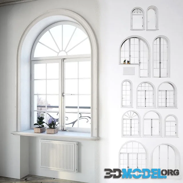 Set classical arched windows with decor