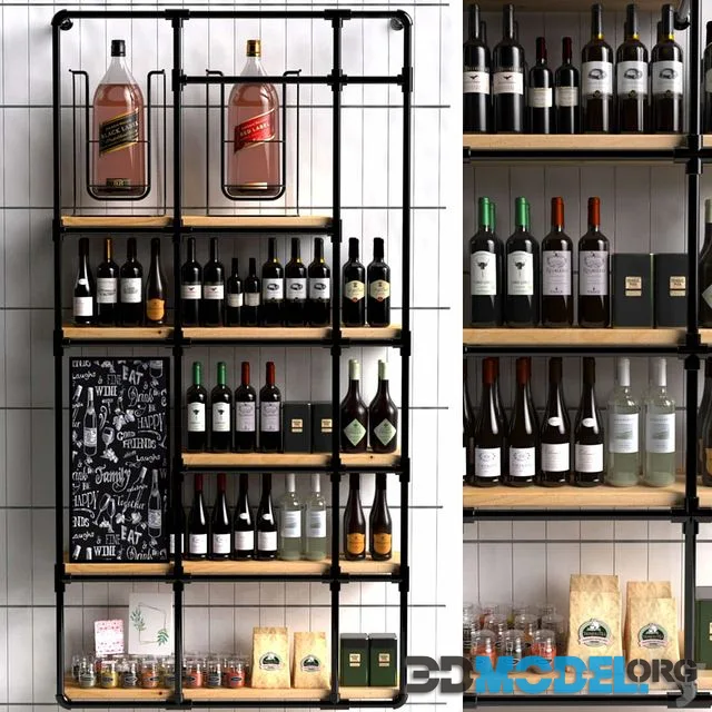 Wine shelf in a loft-style supermarket with a collection of red wine
