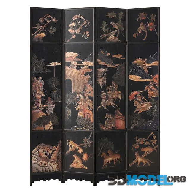 Chinese Four-Panel Lacquered Coromandel Panel Screen