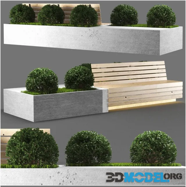 Garden set, wooden bench with plants (PBR)