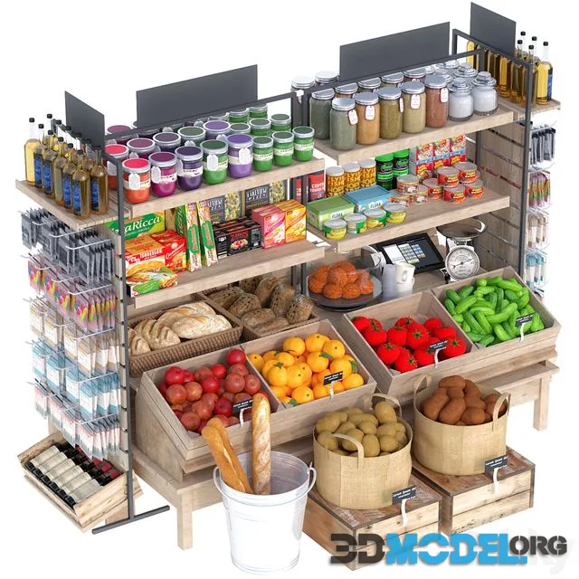 Showcase with products, vintage market, marketplace, grocery