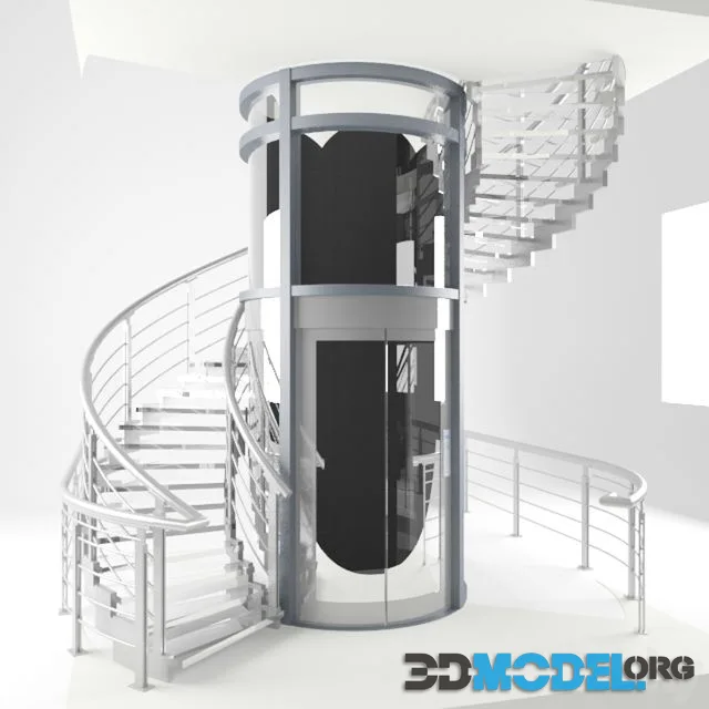 A spiral staircase and elevator round