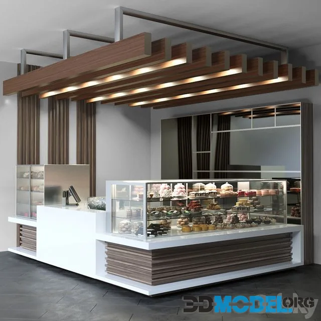 Design project of a coffee point with a confectionery showcase and desserts