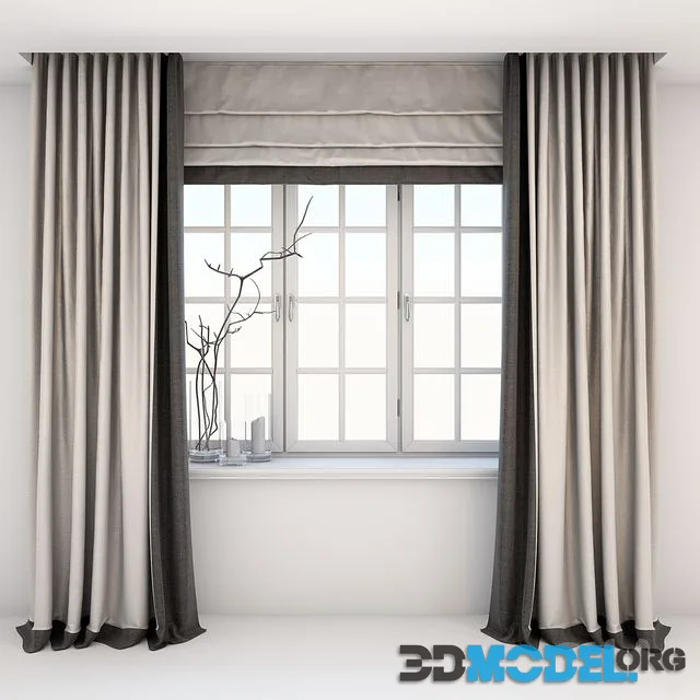 Direct two-color curtains in the floor and Roman curtains in a modern style with a window