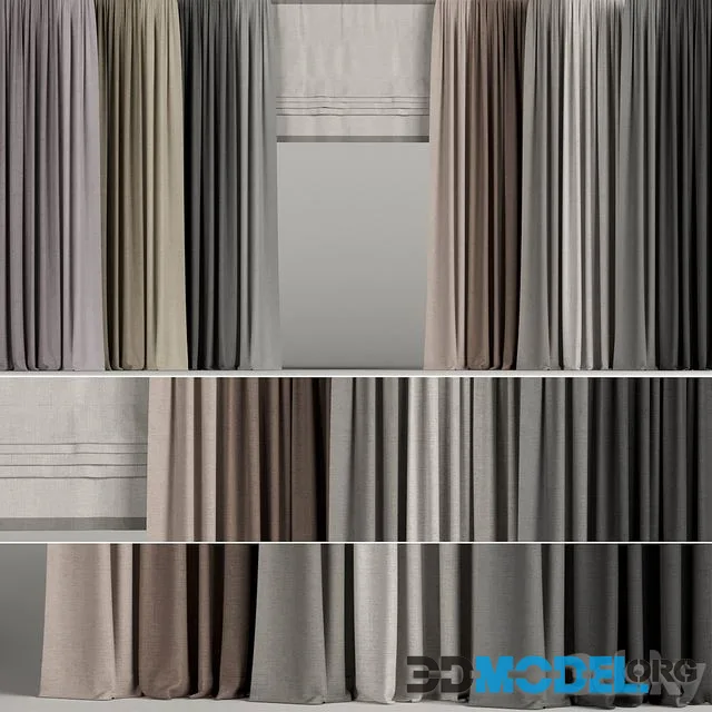 A set of curtains in different colors with a roman curtain