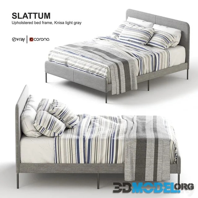 3D Model – Ikea SLATTUM Upholstered bed frame, Knisa light gray