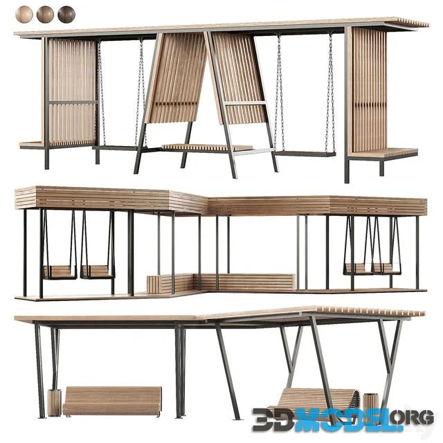 Set of pergolas (gazebos, canopies) with swings, benches 3