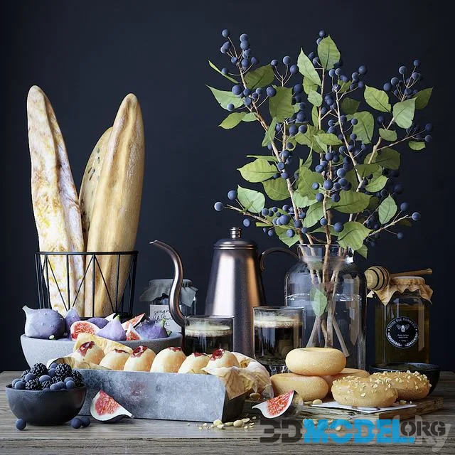 Kitchen set with bread and donuts