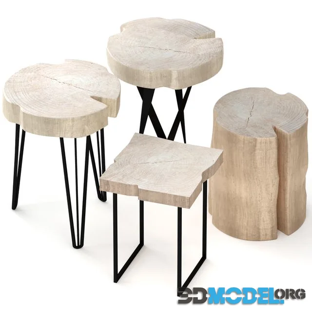 Set of wooden tables made of slab and stump