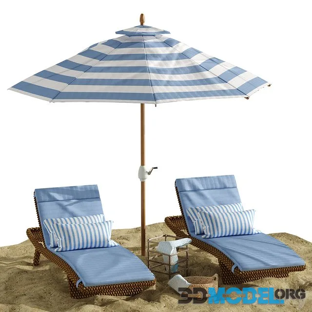 Beach umbrella and chaise longue set 2
