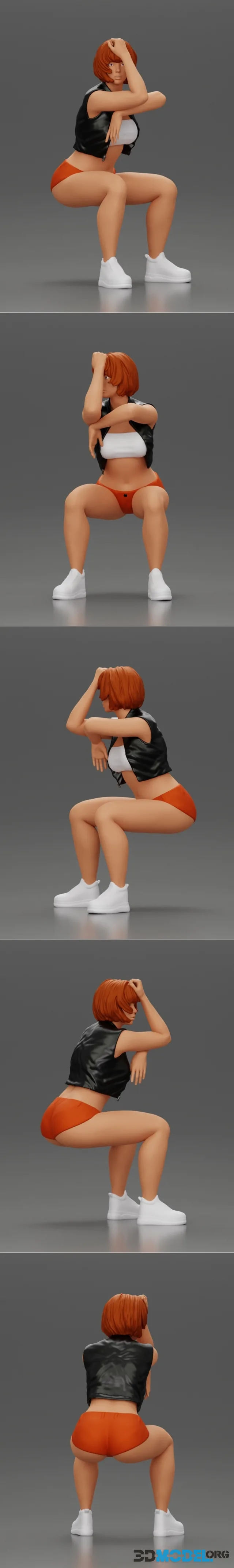 Sexy Girl in a Mini Leather Jacket and Shorts Sitting and Leaning with Her Hands – Printable