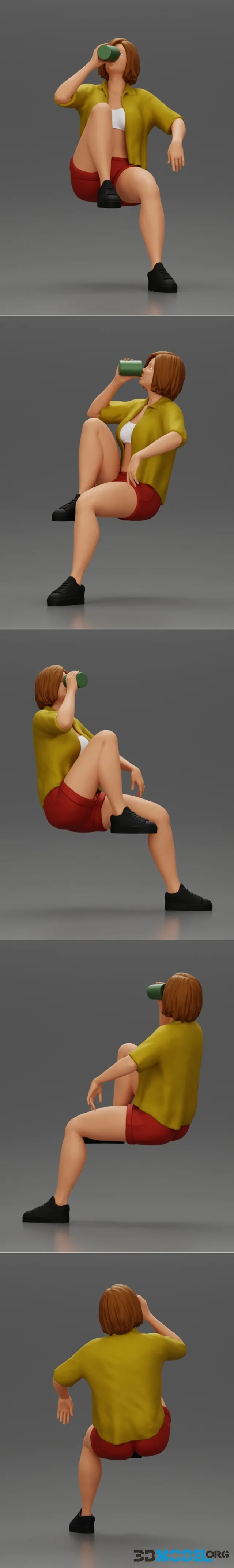 Young woman sitting on a chair hugging her pulled-up leg while drinking – Printable