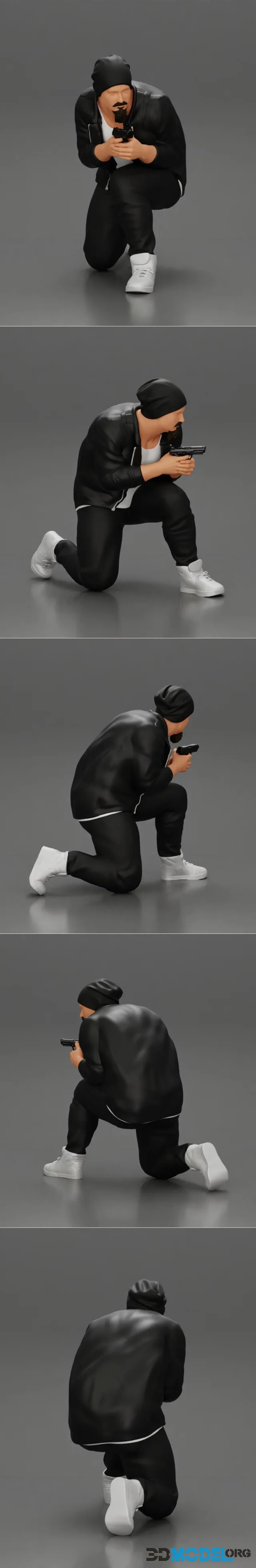Gangster in hat and jacket sitting and holding a gun hides behind the car – Printable