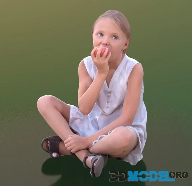 Lilly girl in a light dress sits and eats an apple