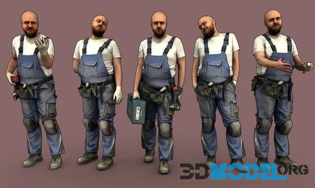 Bald Worker In Overalls & White T Shirt