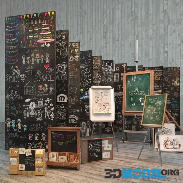A set for creating slate surfaces with images of chalk