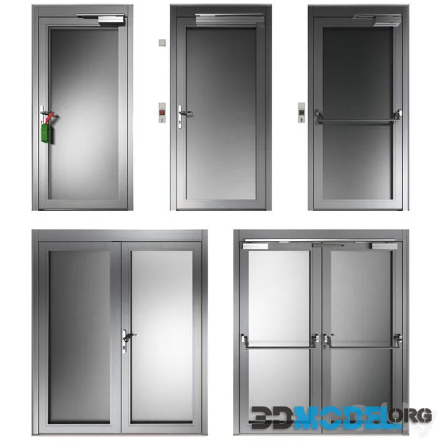 Metal swinging fire doors with closed, half-open canvases (10 models)