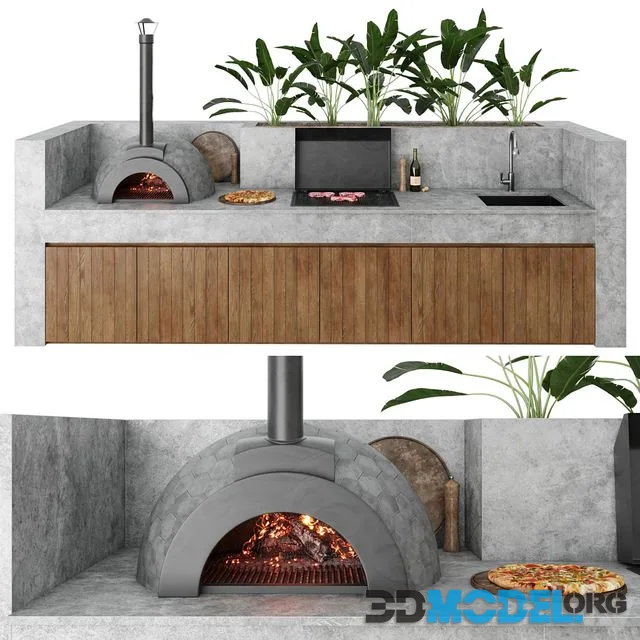 Outdoor kitchen with barbecue and pizza oven