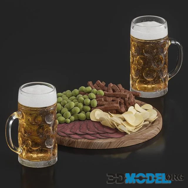 Beer in glasses, chips, nuts, croutons
