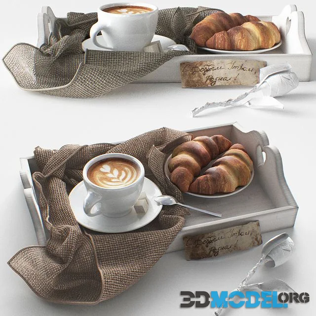 Coffee with croissants, romantic breakfast in bed