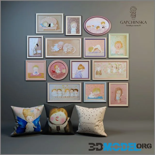 Decorative set of paintings and pillows for baby girls