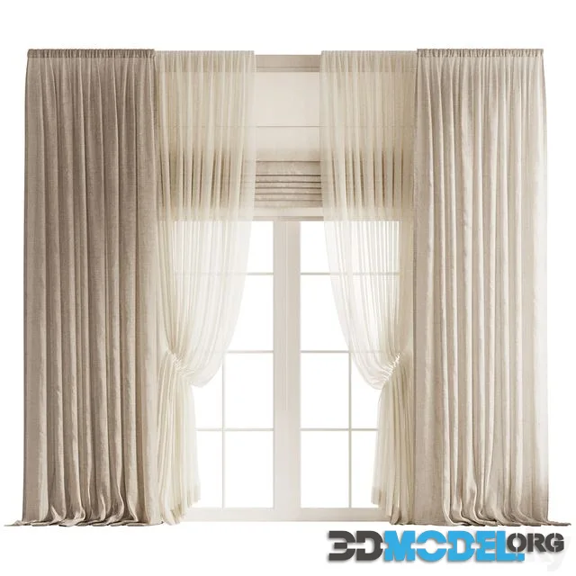 Draped Linen Curtains with Gathered Tulle and Roman Shade