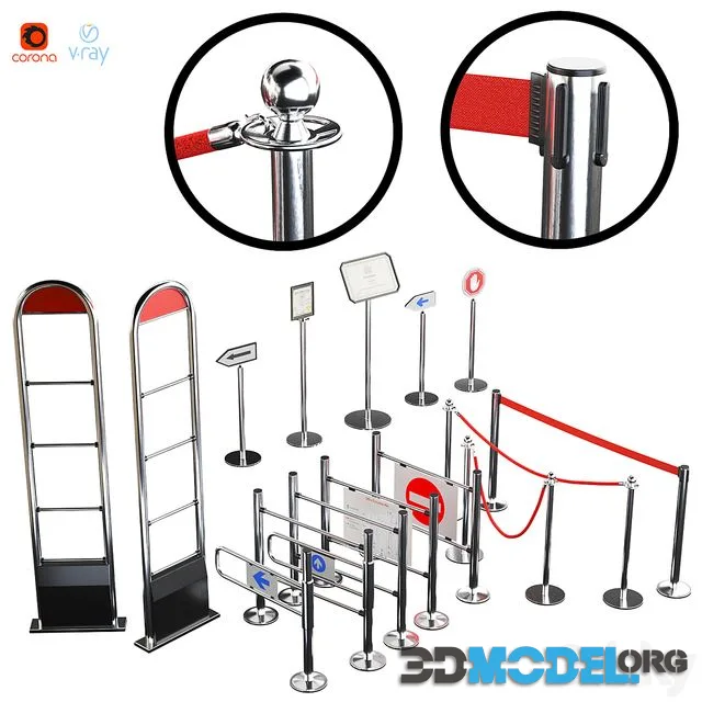 Entrance system, fencing turnstiles Barriers fencing. Ropes and ribbon. Information plate sign. Crowd control
