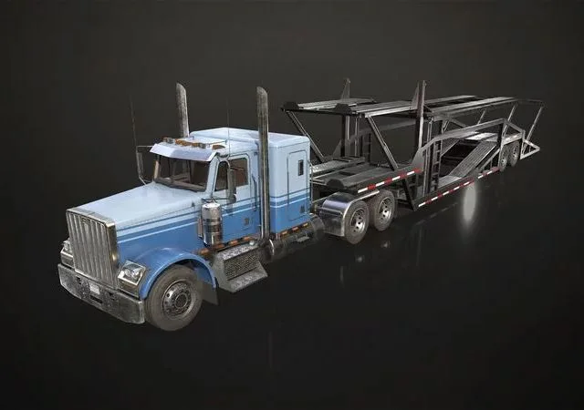 Flat Top Semi Truck Car Carrier Trailer Low-poly (PBR)