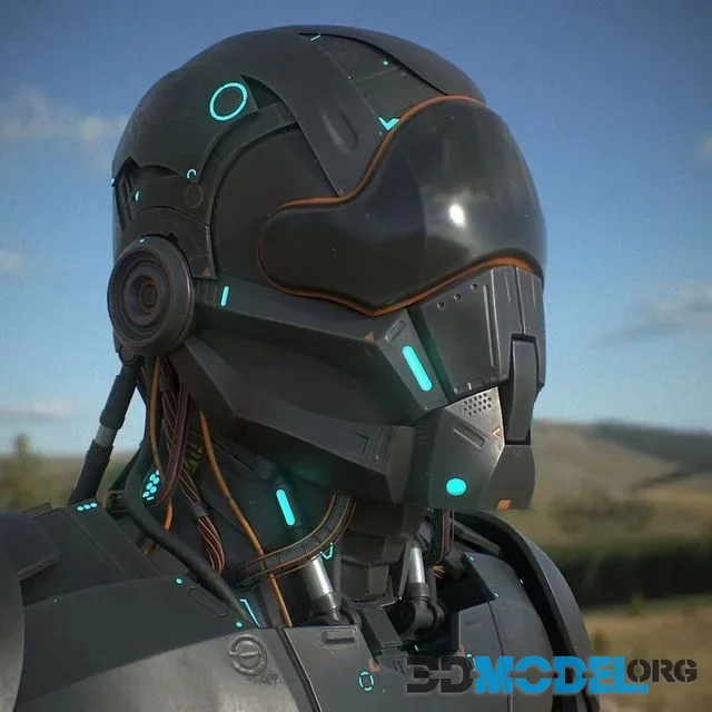 Robot futuristic wearing helmet (PBR)