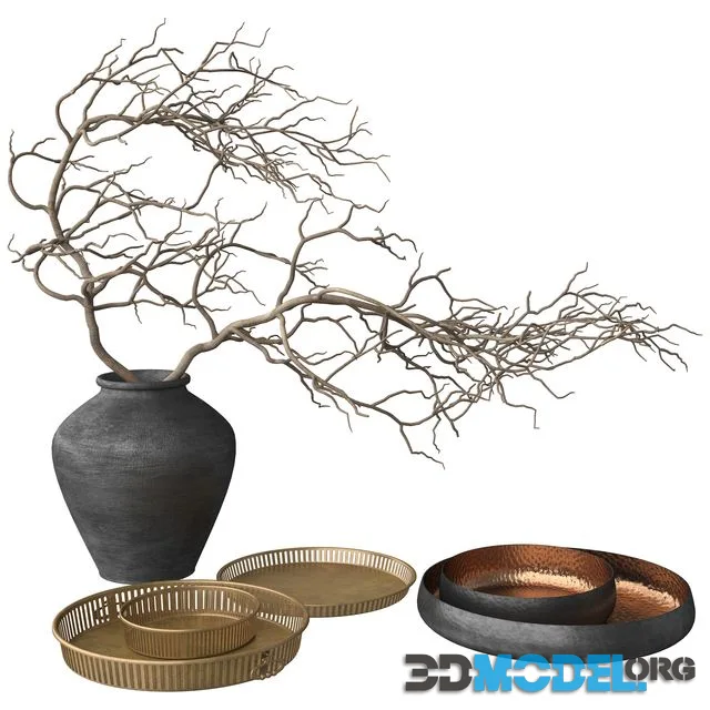 Rustic Set - Vase, Branch, Copper Bowl and Brass Tray
