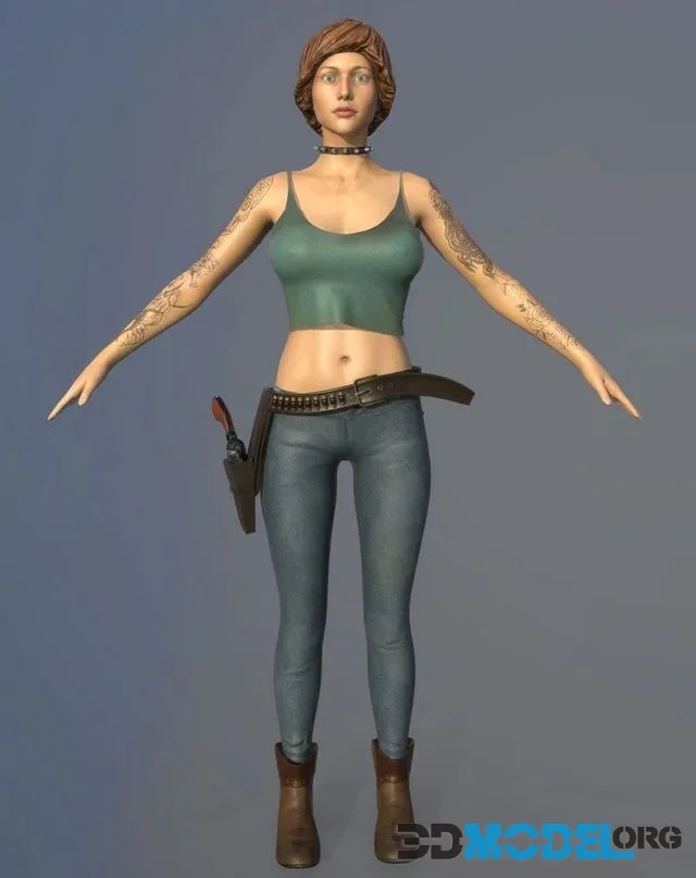 Shooter woman with tattoos and jeans Low-poly (PBR)
