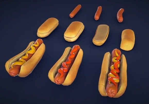 Stylized Hot Dogs And Buns Low Poly (PBR)