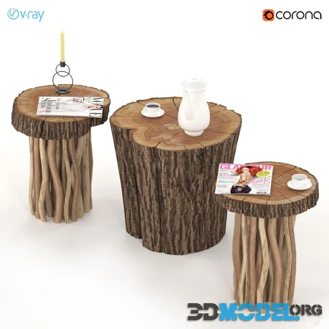 Coffee tables made of stump and slab on wooden legs