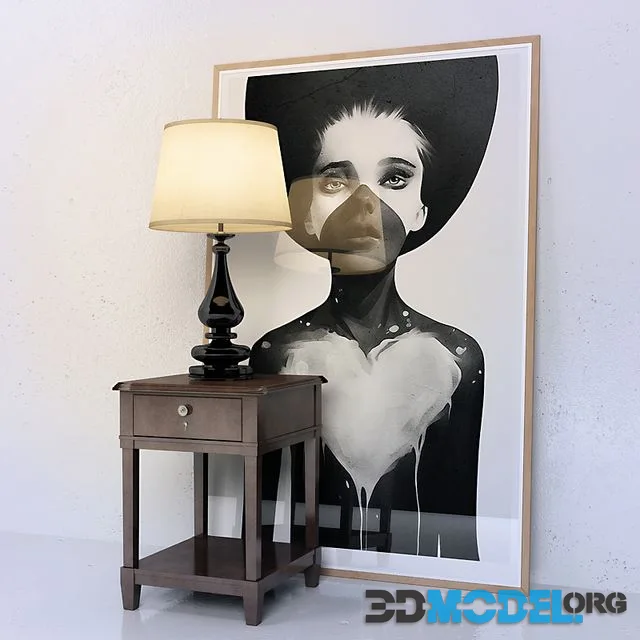 Decorative set, table, painting, table lamp