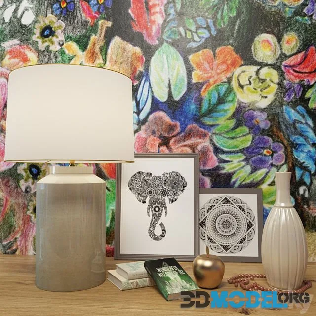 Decorative set (table lamp, picture, vase, books)