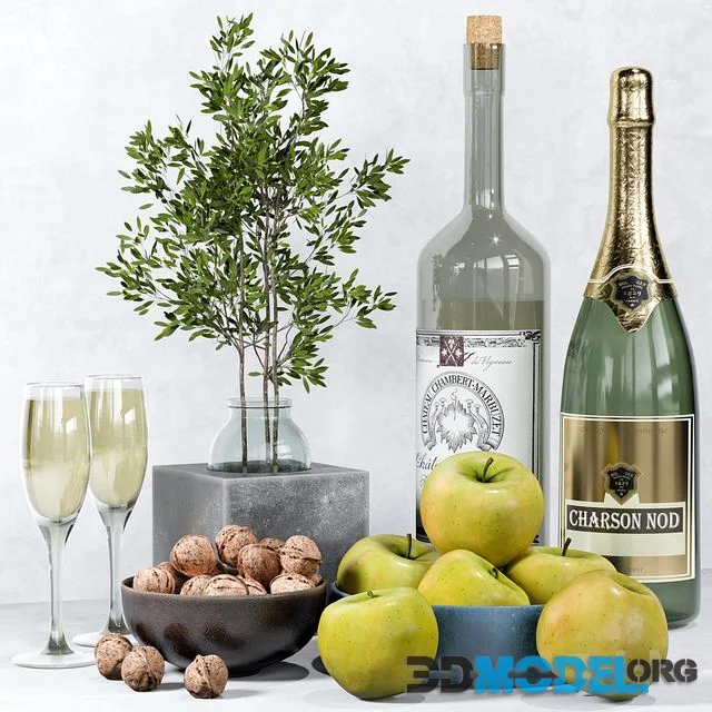 Kitchen decor, champagne, nuts, apples, bouquet in a vase