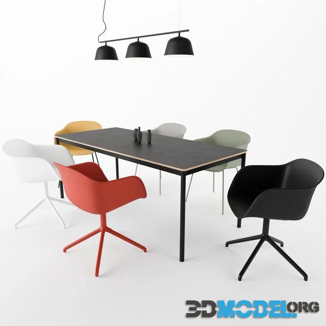 MUUTO Fiber Armchair, Ambit Rail Lamp, Base Table