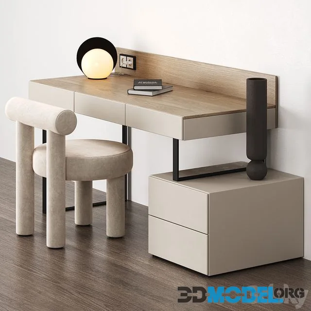Workplace (desk, cabinet, table lamp, books, vase, chair)