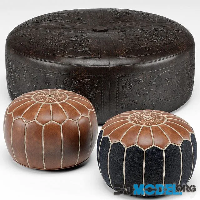 Рand Sarved Leather Ottoman and Moroccan Pouf